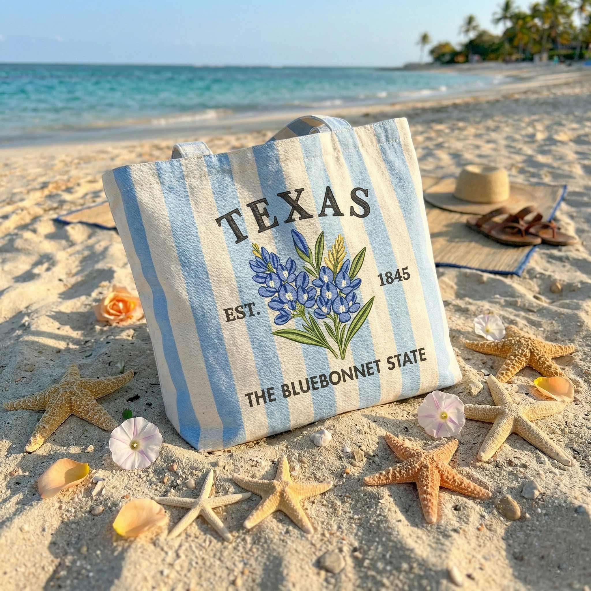 Custom State Tote Bag – Personalized State Flower Canvas Bag, Vintage Striped Beach Tote