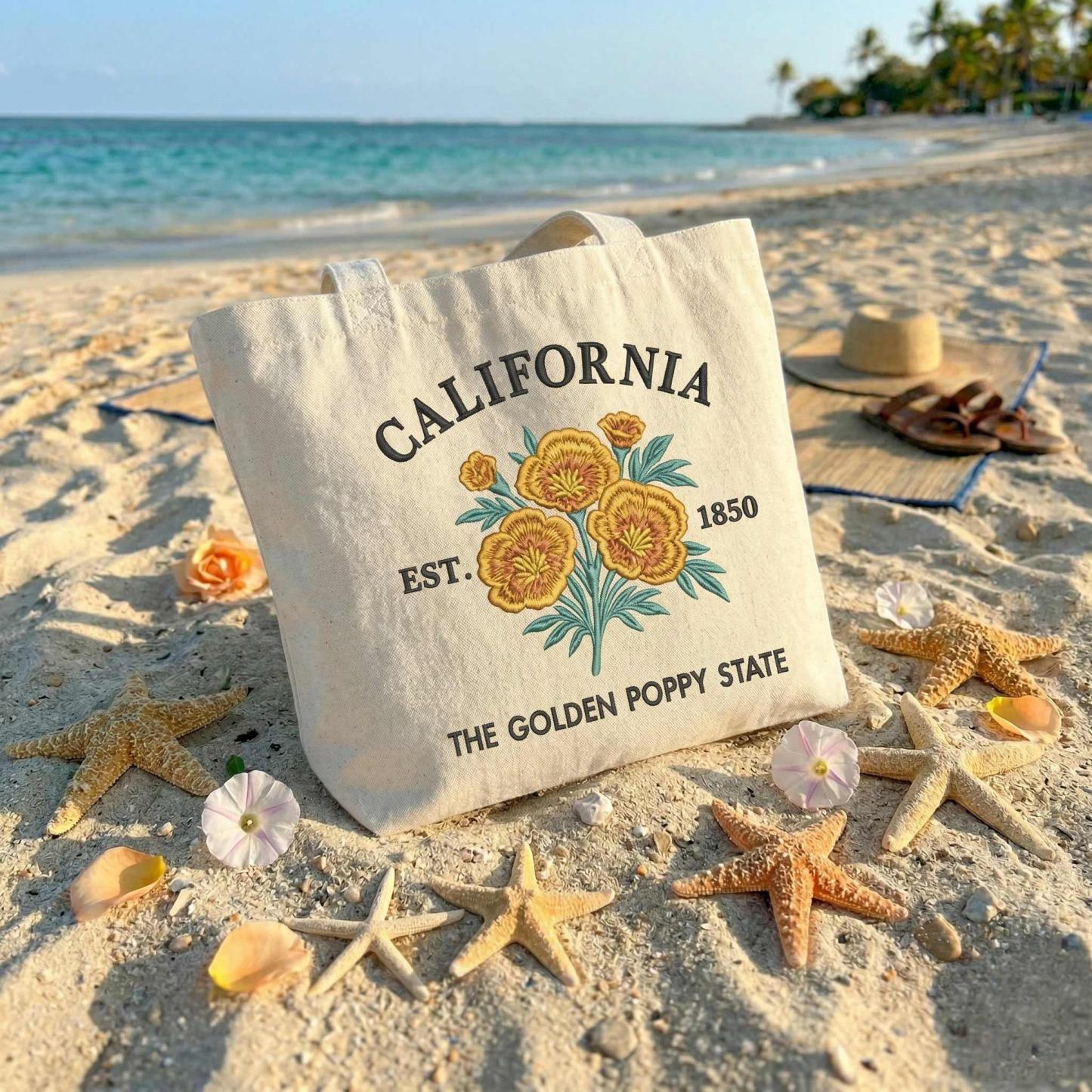 Custom State Tote Bag – Personalized State Flower Canvas Bag, Vintage Striped Beach Tote