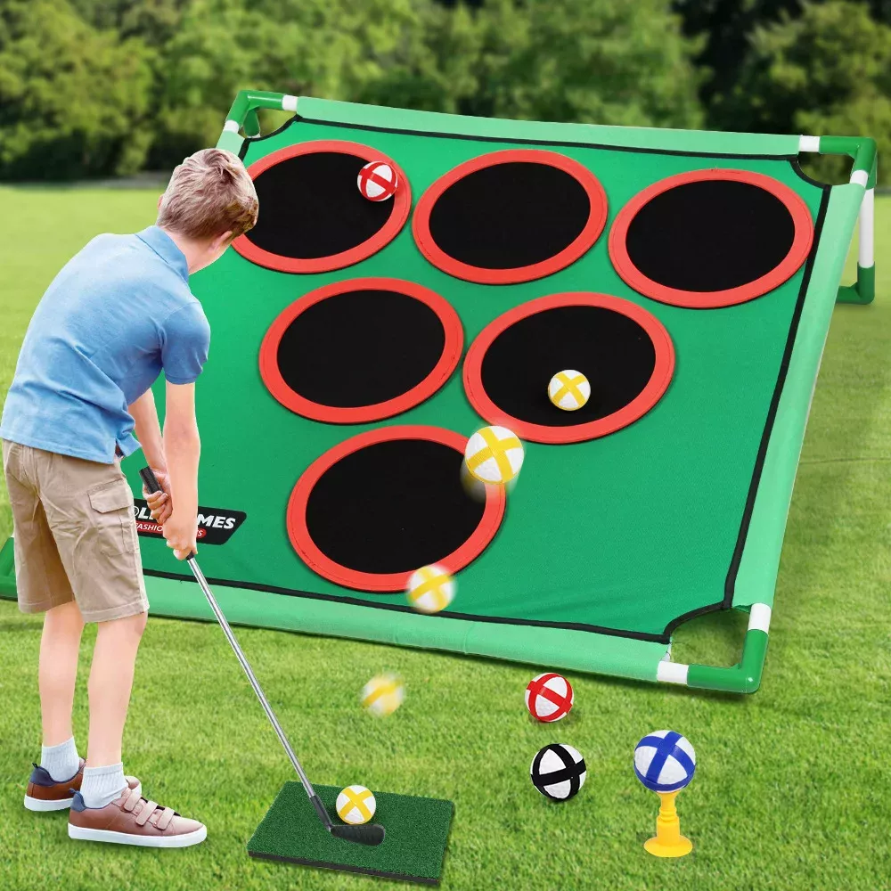 Golf Game Mat Set with Target Belt Bracket, Sticky Ball Toy, Indoor Outdoor Family Parent Child Interactive Sports Practice Floor Mat