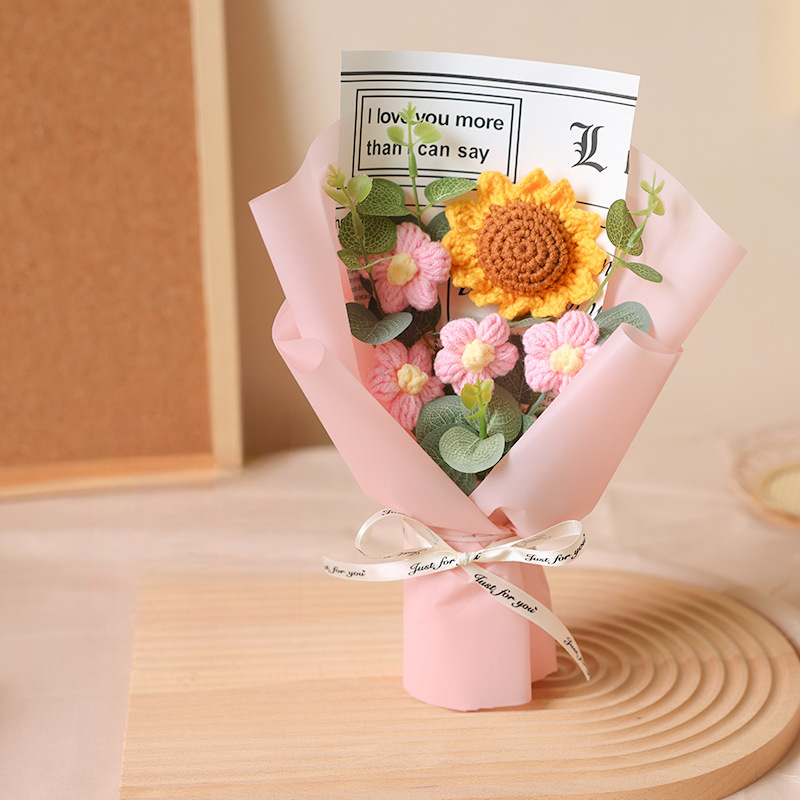 Crochet Flowers Crocheted Sunflower Handmade Rose Flowers Knitted Flowers Bouquet Anniversary Gift for Her