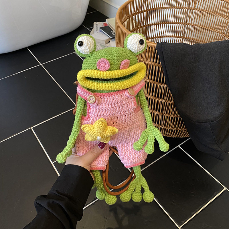 Finished Wool Crochet Bag Big Mouth Frog Mobile Phone Bag Hand-Knitted Ugly Crossbody Bag