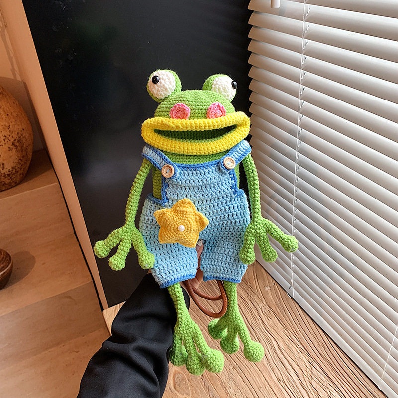 Finished Wool Crochet Bag Big Mouth Frog Mobile Phone Bag Hand-Knitted Ugly Crossbody Bag
