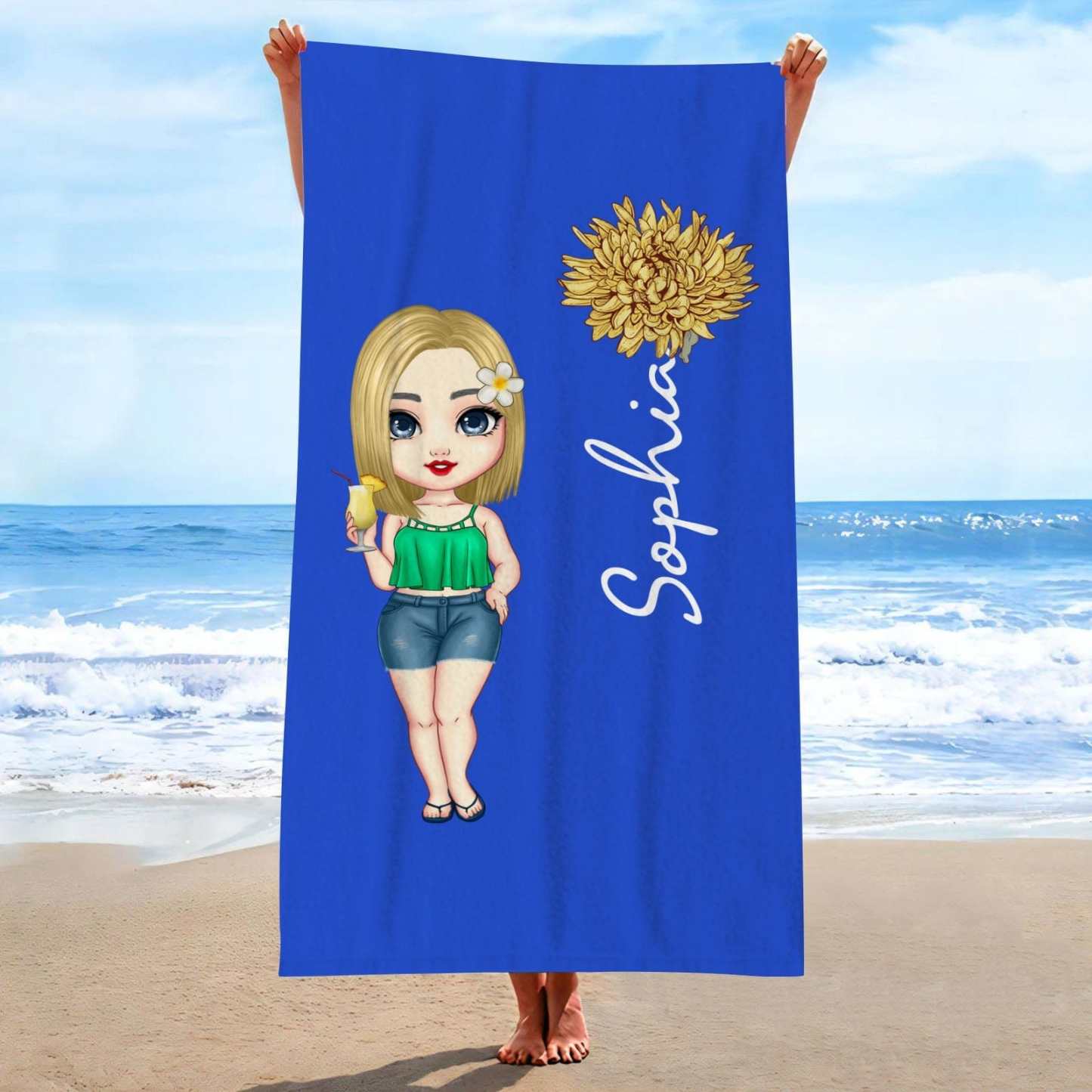 Custom Cartoon Women Girl Birth Flower Multicolor Beach Towel Personalized Name Vacation Beach Towel Gift for Friend - Giftlab
