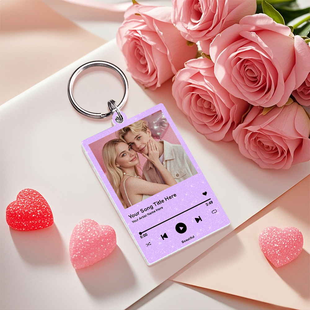 Personalized Purple Acrylic Music Keychain Couple You & Me Photo and Text Acrylic Keychain Creative Gifts Valentine Gift Keychain