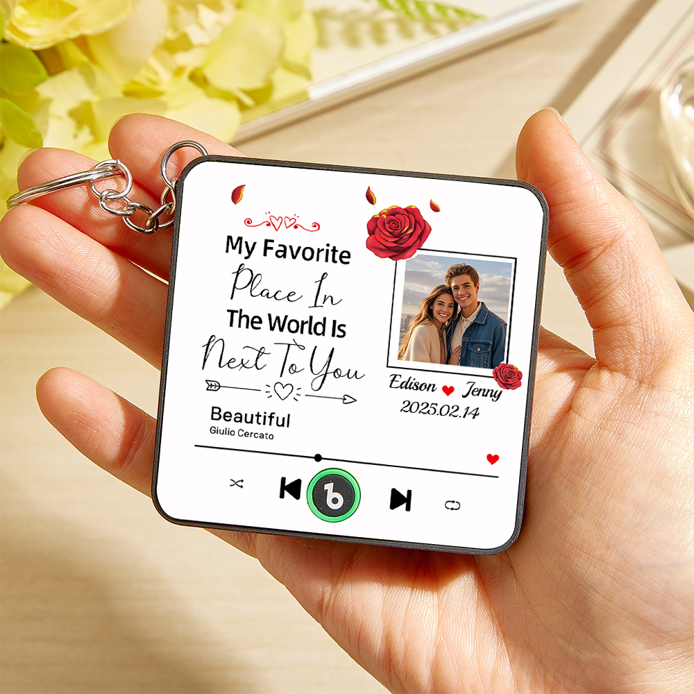 Custom Music Fridge Magnet Personalized Photo Refrigerator Magnet With Flower Pattern My Favorite Place In The World Is Next To You Gift for Couple - Bestchristmasgifts