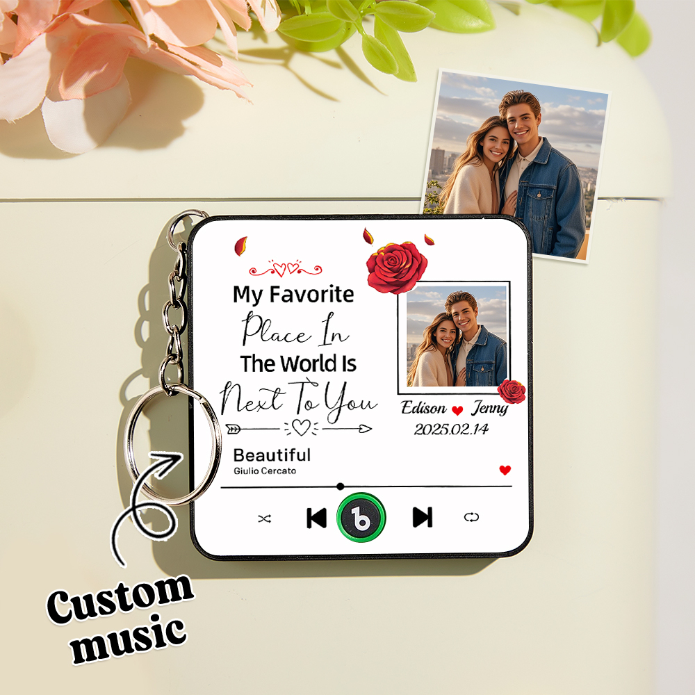 Custom Music Fridge Magnet Personalized Photo Refrigerator Magnet With Flower Pattern My Favorite Place In The World Is Next To You Gift for Couple - Bestchristmasgifts
