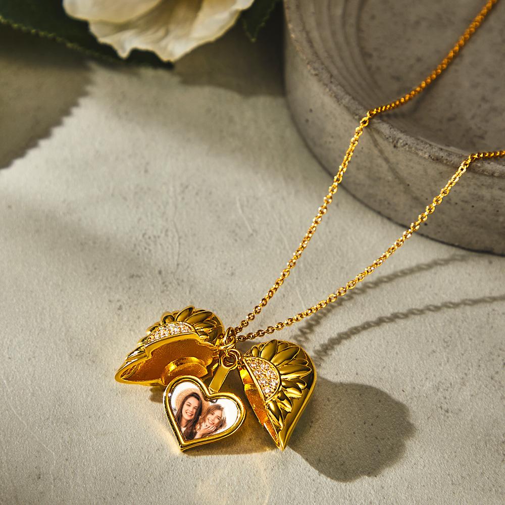 Custom Photo Engraved Necklace Sunflower Heart Pendant Necklace Gift for Women - Bestchristmasgifts