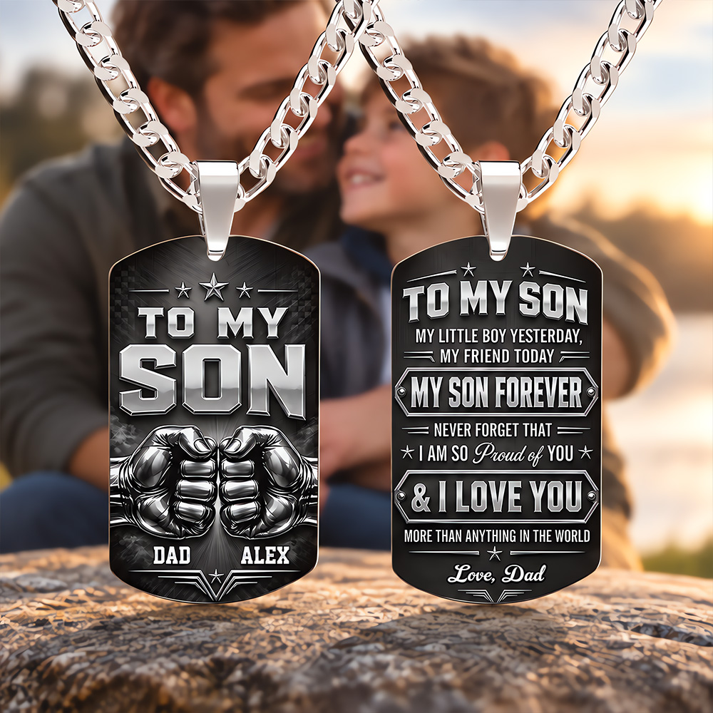 To My Son Fist Bump Metallic Design With Stars - Personalized Custom Dog Tag Necklace - SON176_DTNECK