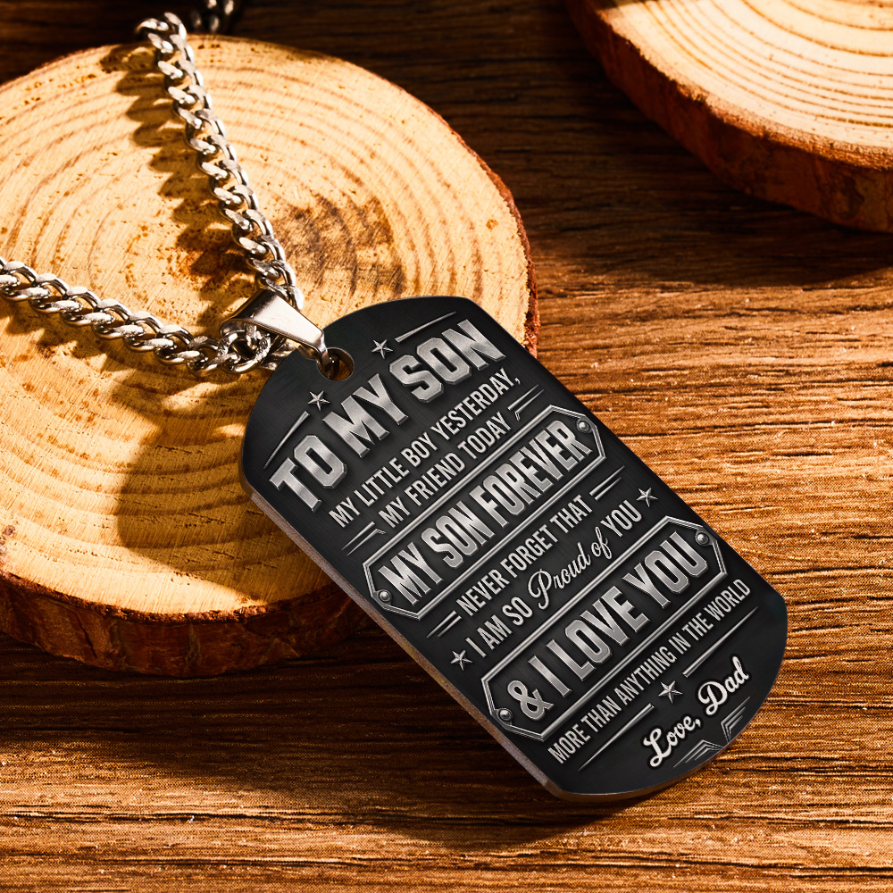 To My Son Fist Bump Metallic Design With Stars - Personalized Custom Dog Tag Necklace - SON176_DTNECK