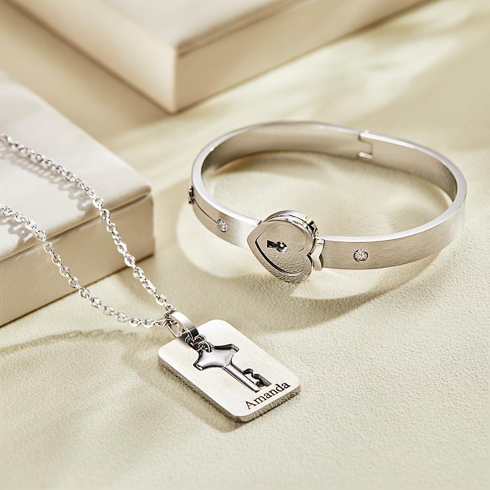 Custom Engraved Concentric Lock Bracelet Key Necklace Couple Gifts - Bestchristmasgifts