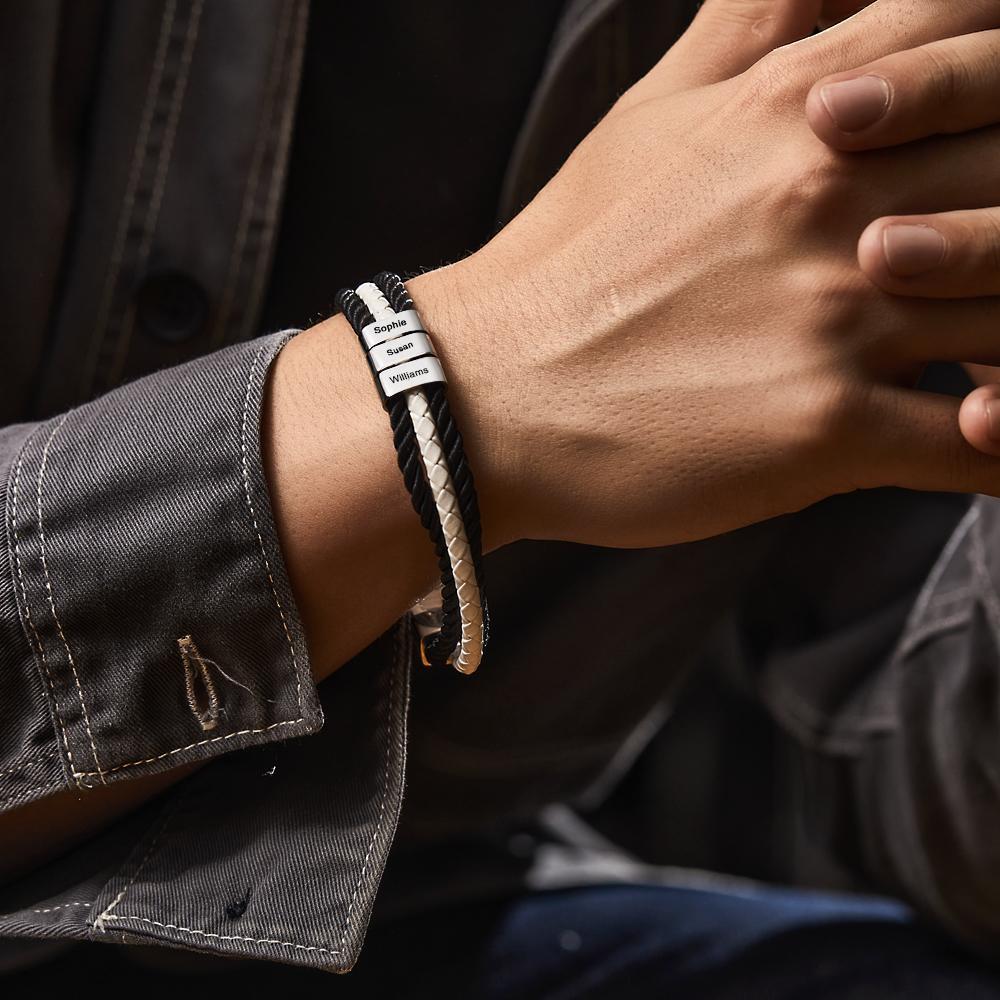 Custom Engraved Bracelet Mens Braided Layered Leather Gifts - Bestchristmasgifts
