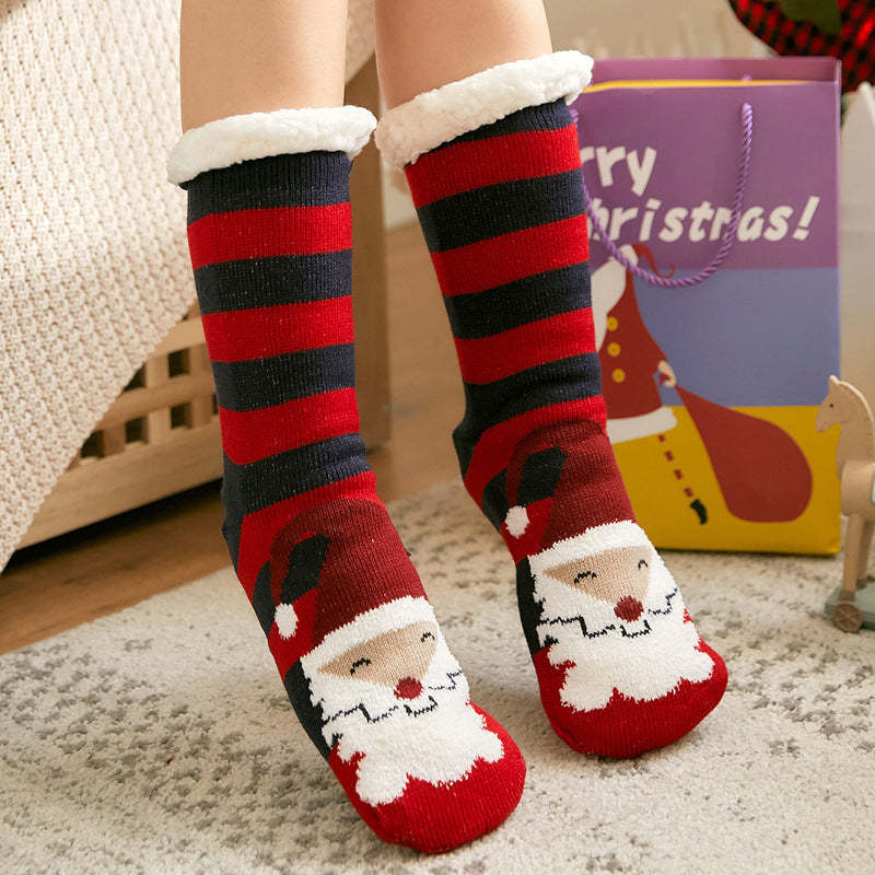 Christmas Socks Plush Coral Fleece Winter Home Floor Socks Red Stripes Slipper Socks - Santa Claus in Hat - Bestchristmasgifts