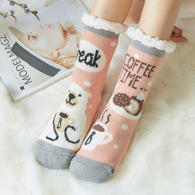 Christmas Socks Plush Coral Fleece Winter Home Floor Socks Black Plaid Slipper Socks - Polar Bear - Bestchristmasgifts