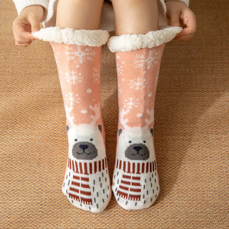 Christmas Socks Plush Coral Fleece Winter Home Floor Socks Light Pink Slipper Socks - Snow Bear - Bestchristmasgifts