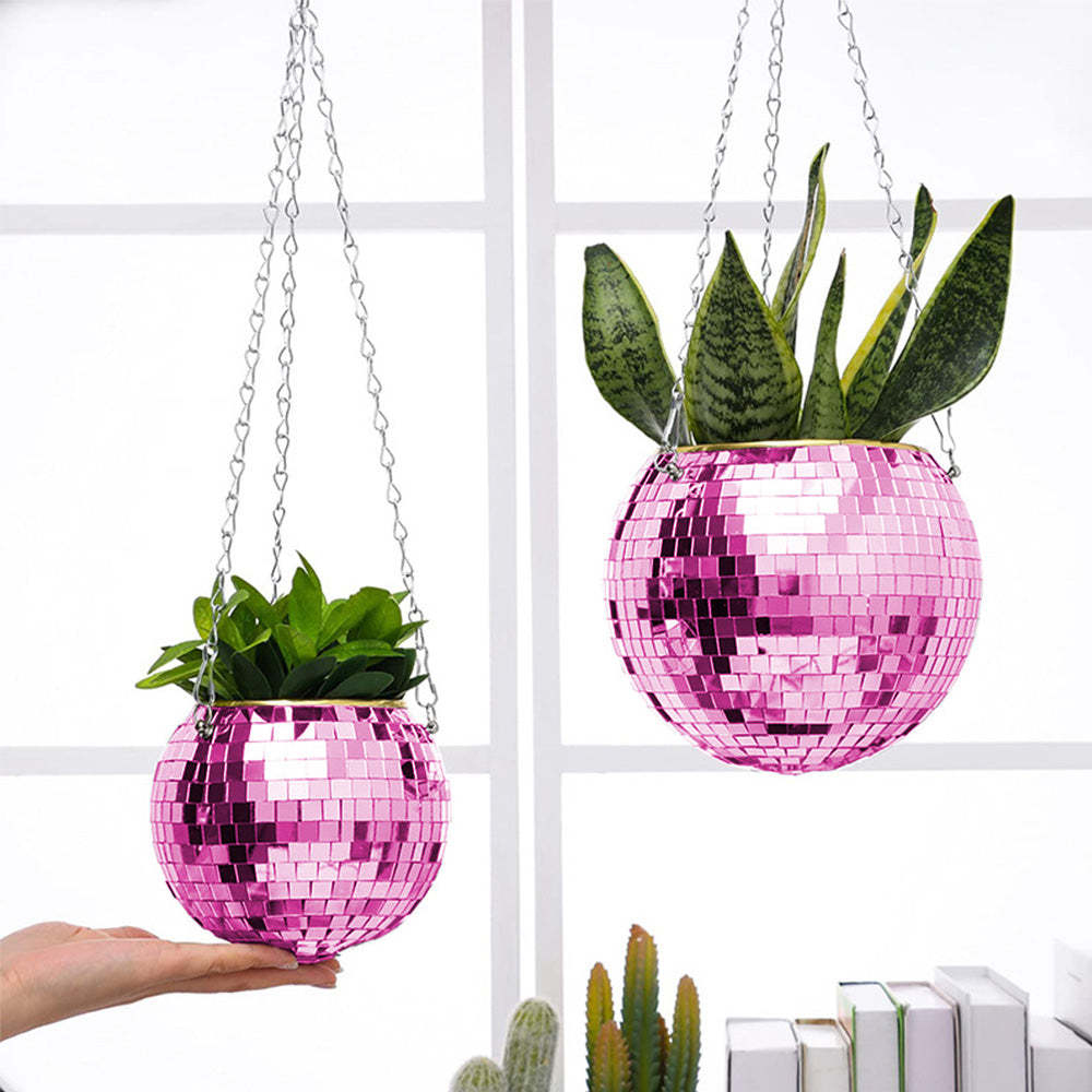 Disco Planter for Indoor Plants Unique Boho Hanging Plant Pots with Mosaic Mirror Tiles - photomoonlamp