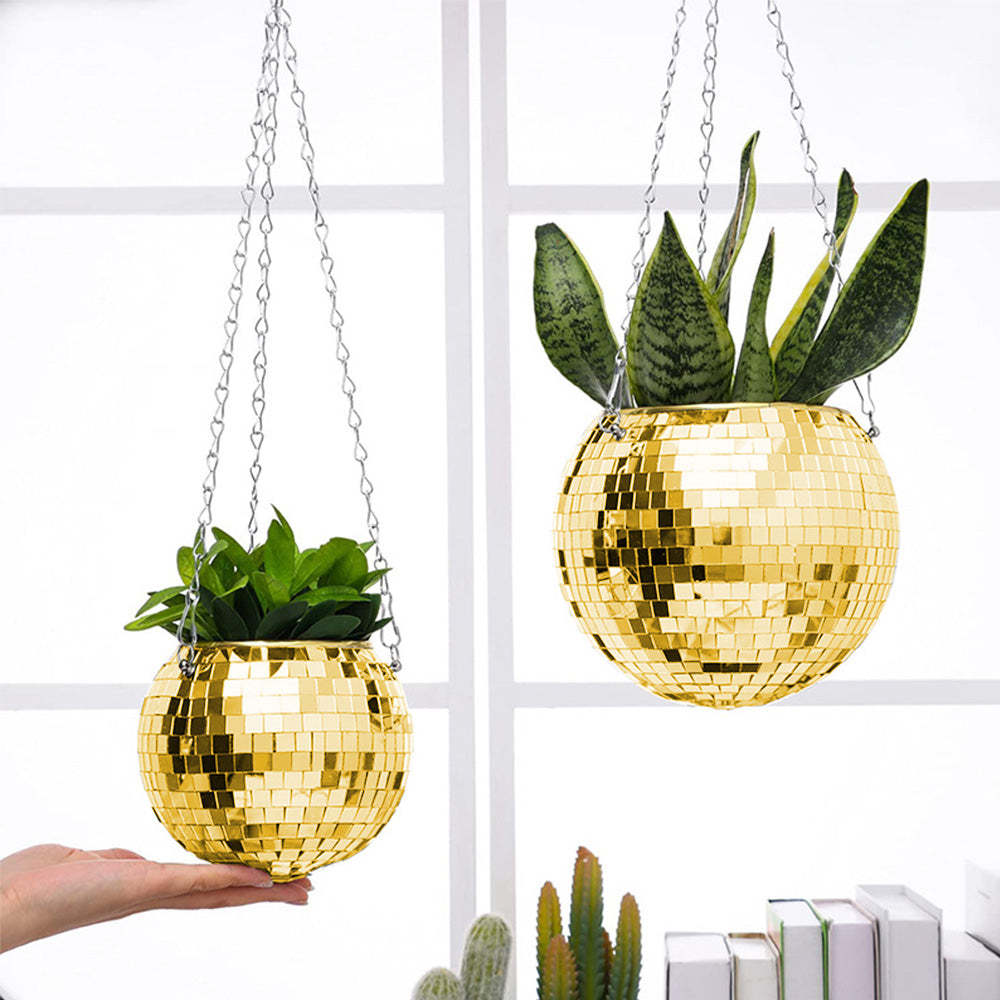 Disco Planter for Indoor Plants Unique Boho Hanging Plant Pots with Mosaic Mirror Tiles - photomoonlamp