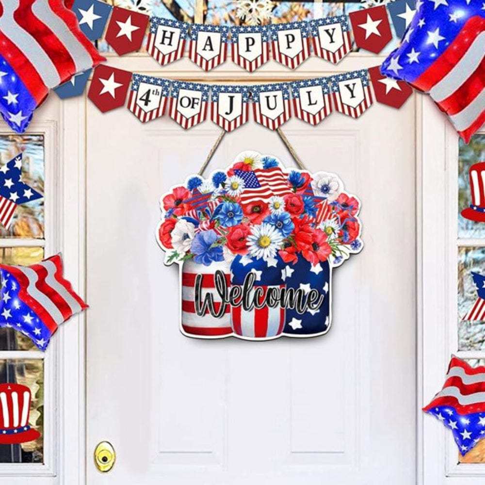 4th of July Flowers Welcome Door Sign Independence Day Decorations Front Door Hanger - Bestchristmasgifts