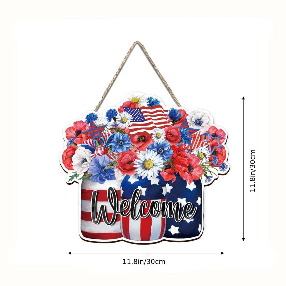 4th of July Flowers Welcome Door Sign Independence Day Decorations Front Door Hanger - Bestchristmasgifts