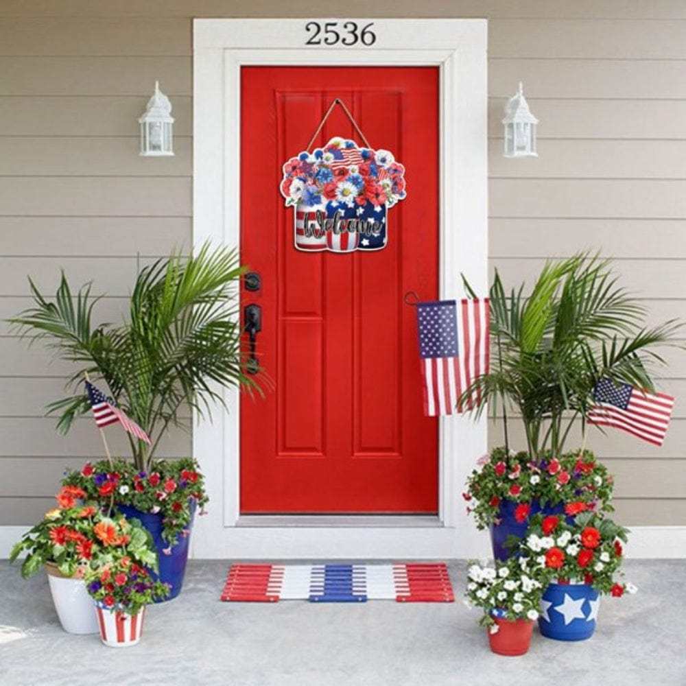 4th of July Flowers Welcome Door Sign Independence Day Decorations Front Door Hanger - Bestchristmasgifts