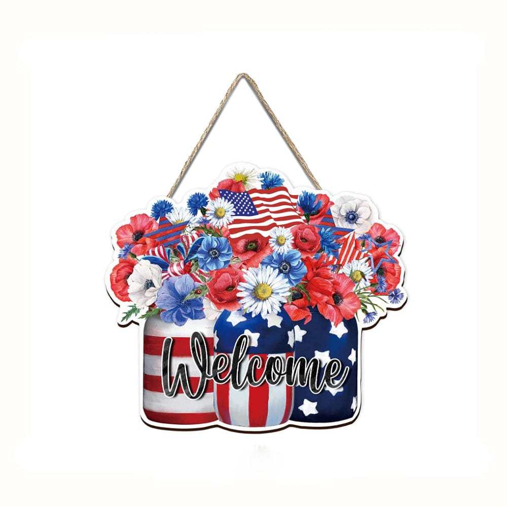 4th of July Flowers Welcome Door Sign Independence Day Decorations Front Door Hanger - Bestchristmasgifts