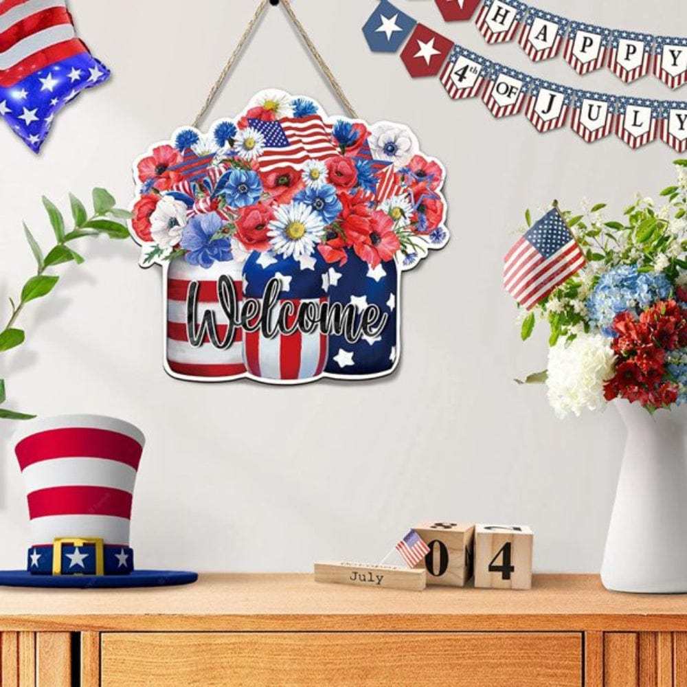 4th of July Flowers Welcome Door Sign Independence Day Decorations Front Door Hanger - Bestchristmasgifts