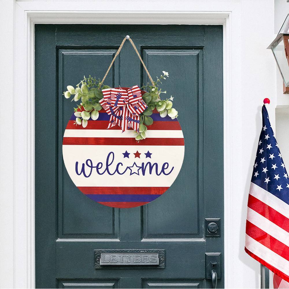 Welcome Door Sign 4th of July Independence Day Decorations Front Door Hanger Gifts - Bestchristmasgifts