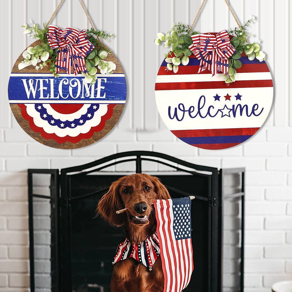 Welcome Door Sign 4th of July Independence Day Decorations Front Door Hanger Gifts - Bestchristmasgifts