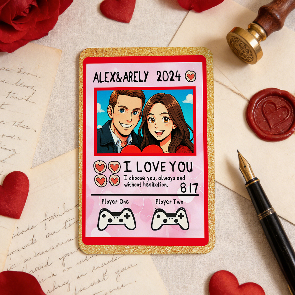 Personalized Valentine’s Day Power Couple Card, Custom Anniversary Card Couple Photo Anime Style, Best Valentine's Day Gift for Lover