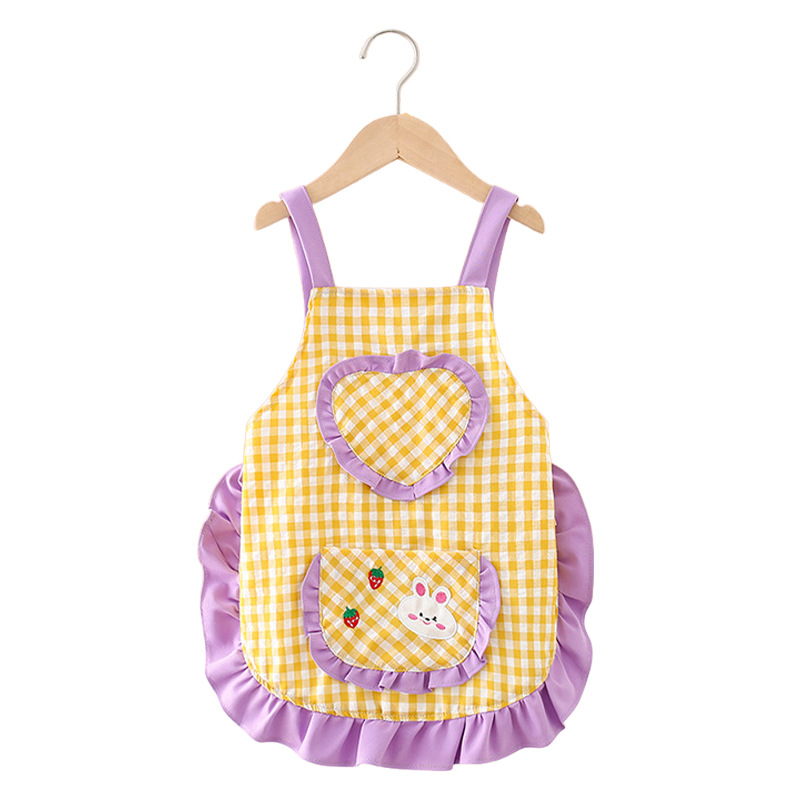 Personalized Embroidered Name Plaid Heart Bunny Apron - Cute Lace Trim Ruffle Bib for Toddlers & Kids