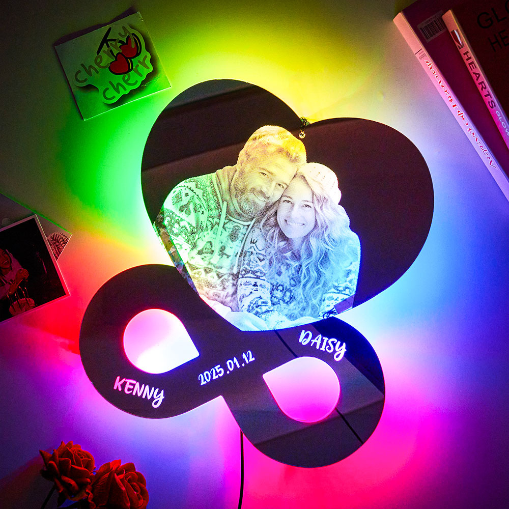 Personalized Photo and Names Mirror Night Light Bedroom Decor