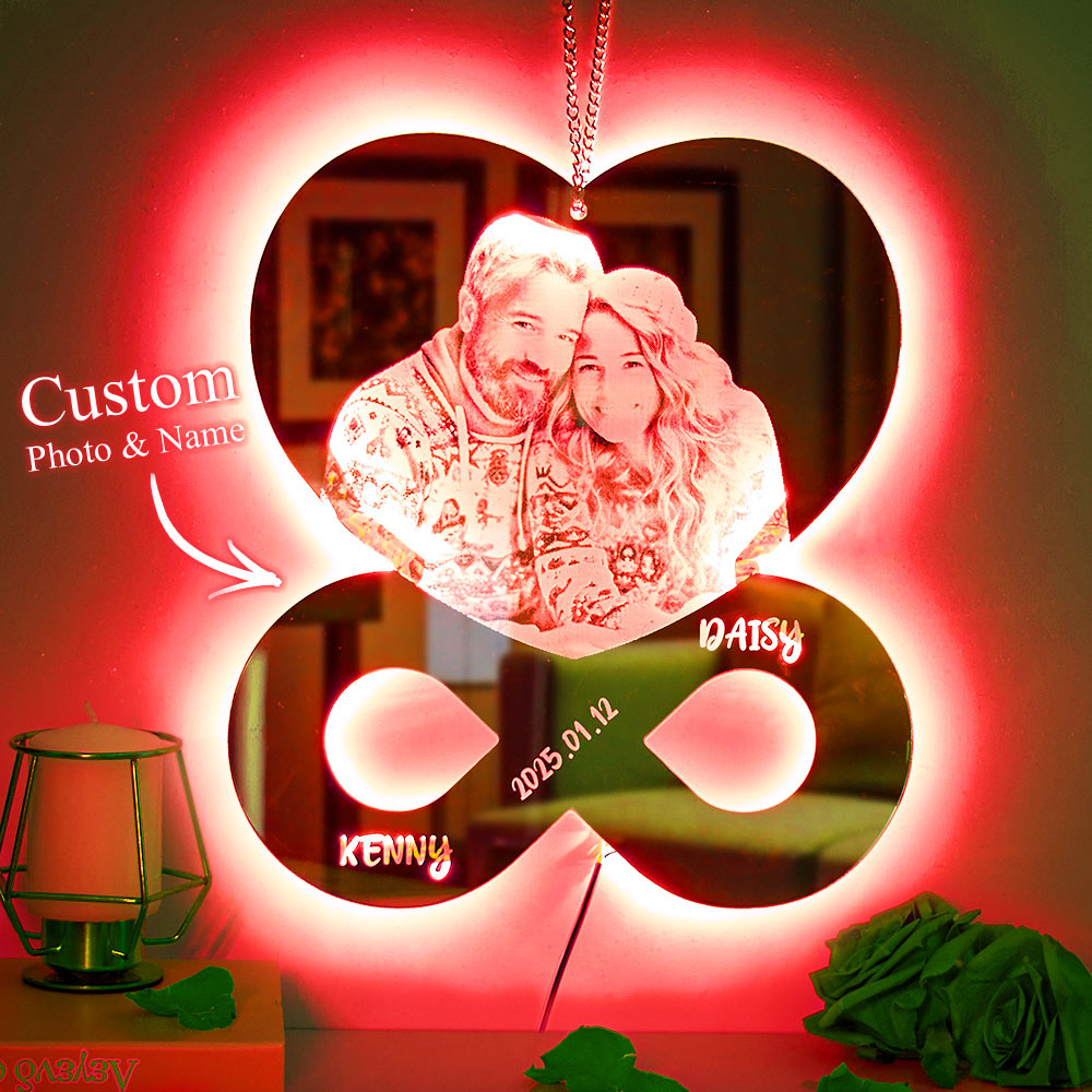 Personalized Photo and Names Mirror Night Light Bedroom Decor