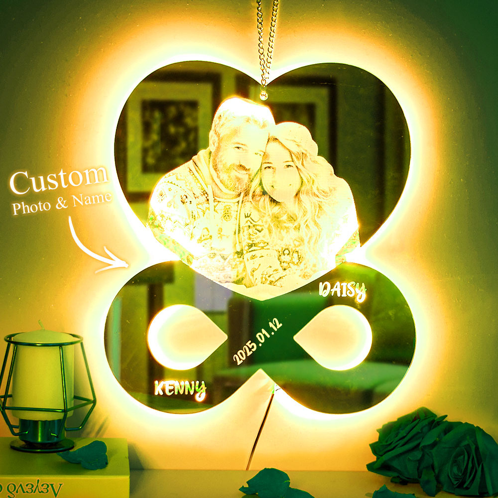 Personalized Photo and Names Mirror Night Light Bedroom Decor