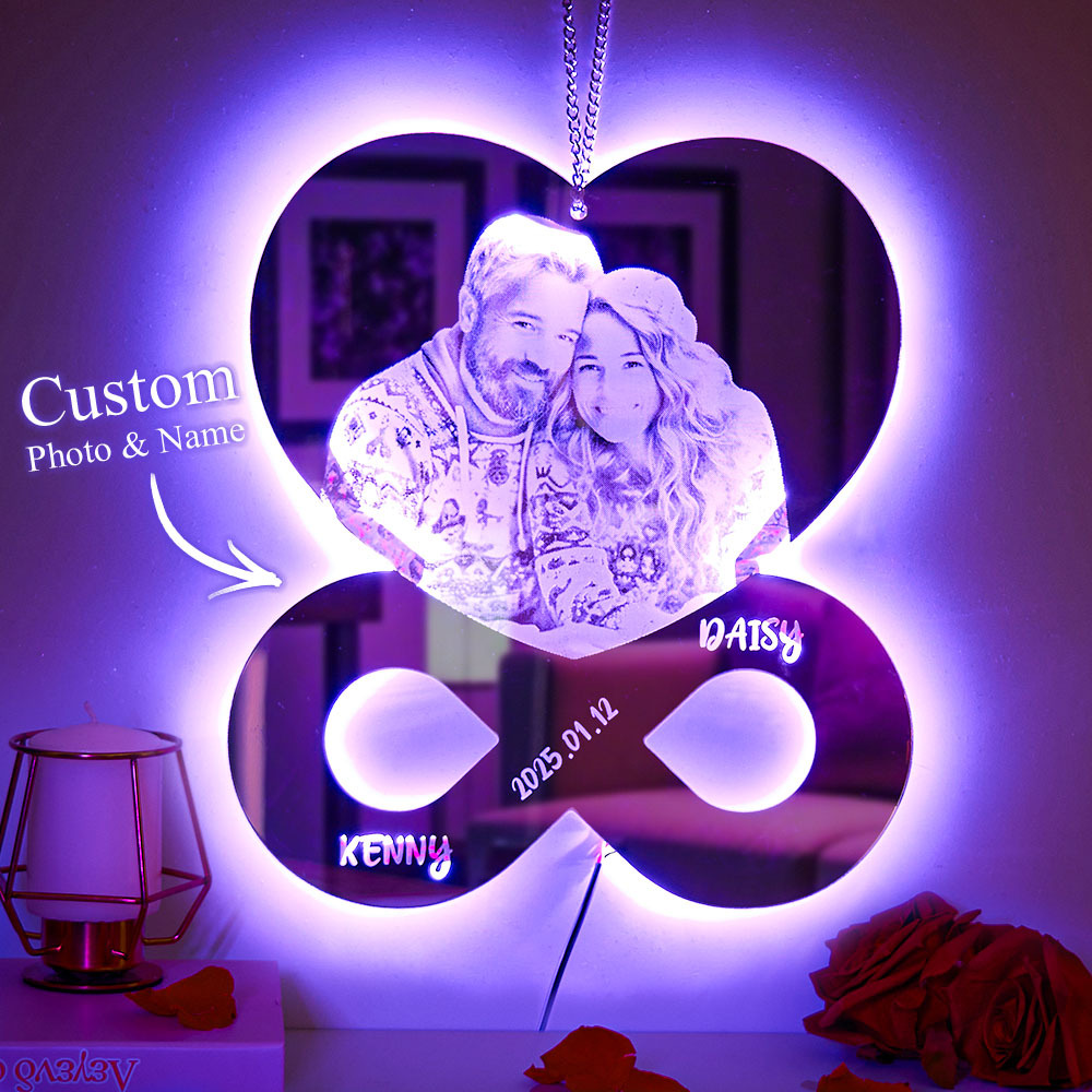 Personalized Photo and Names Mirror Night Light Bedroom Decor