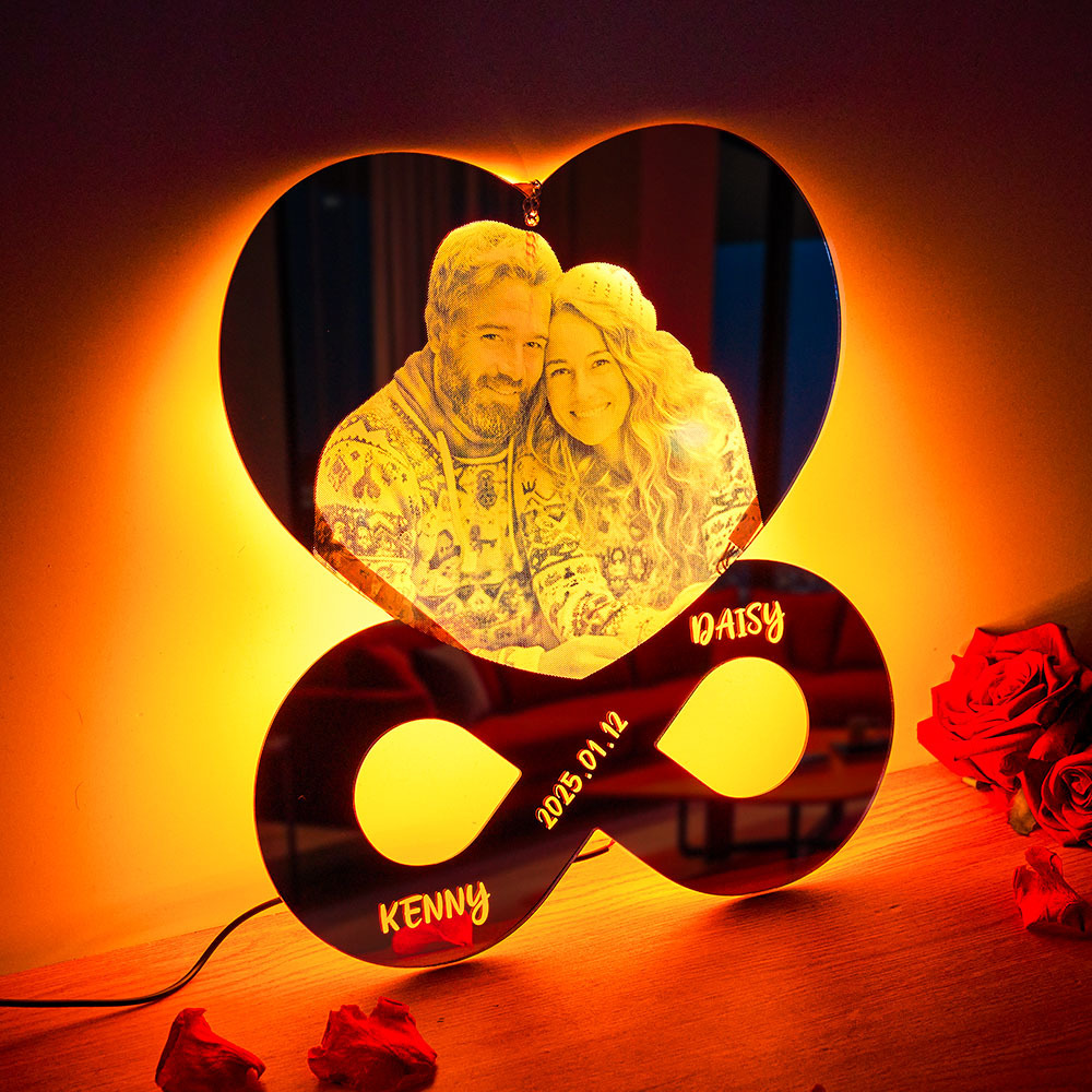 Personalized Photo and Names Mirror Night Light Bedroom Decor