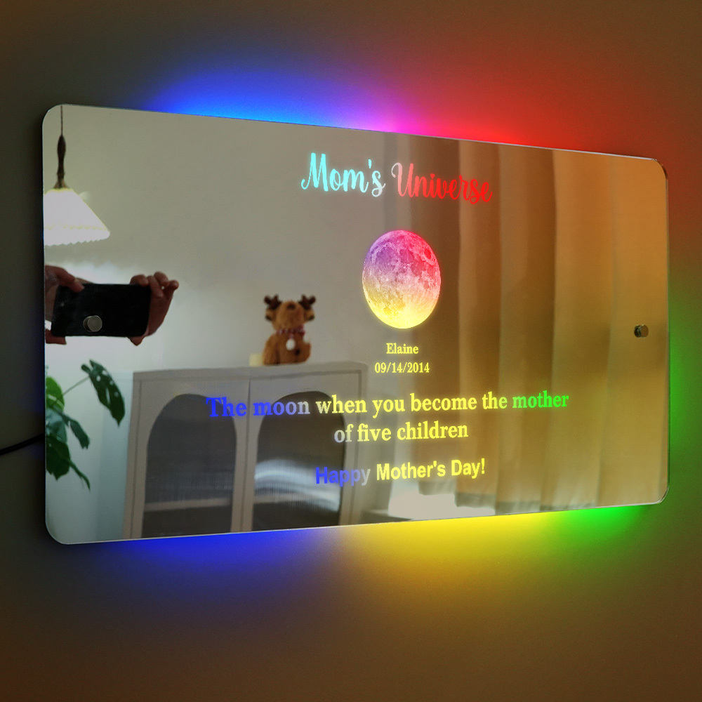 Custom Mom's Universe Led Mirror Light Frame with Text and Date Mother's Day Gifts - PhotoMoonLamp