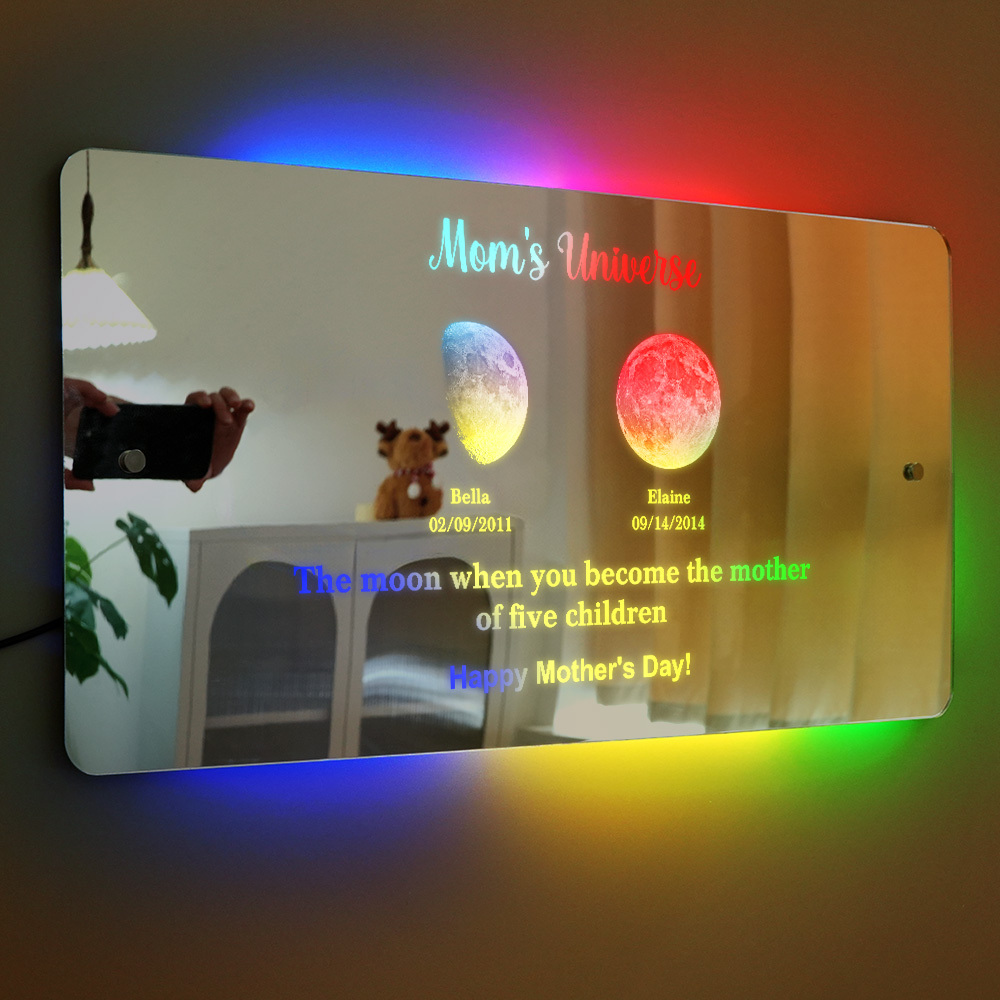 Custom Mom's Universe Led Mirror Light Frame with Text and Date Mother's Day Gifts - PhotoMoonLamp