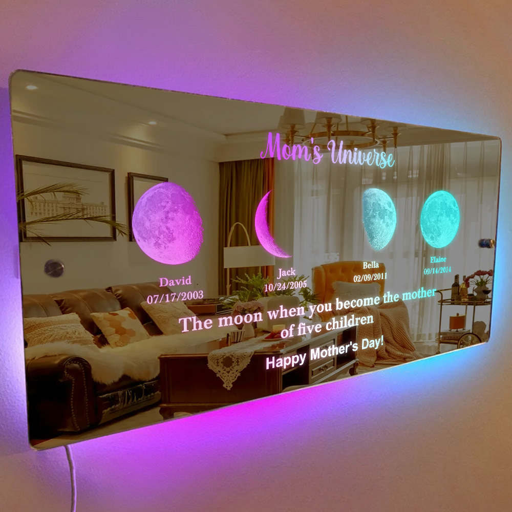 Custom Mom's Universe Led Mirror Light Frame with Text and Date Mother's Day Gifts - PhotoMoonLamp