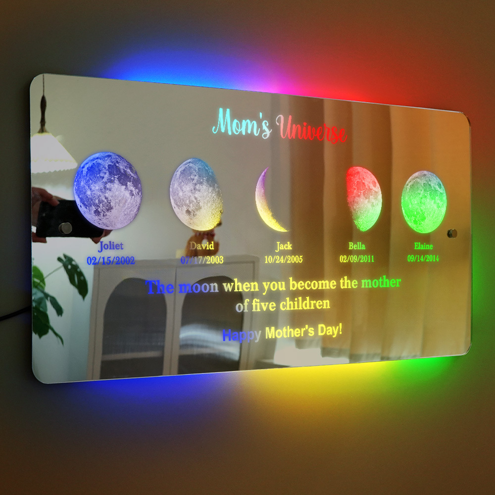 Custom Mom's Universe Led Mirror Light Frame with Text and Date Mother's Day Gifts - PhotoMoonLamp
