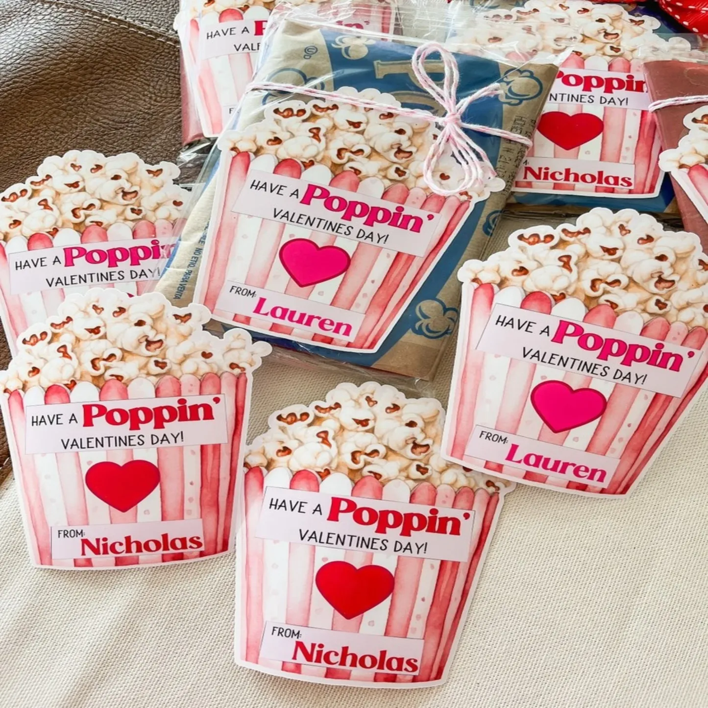 Custom Name Labels for Kids, Personalized Valentine’s Day Popcorn Stickers, Boys and Girls, Perfect Classroom Gifts