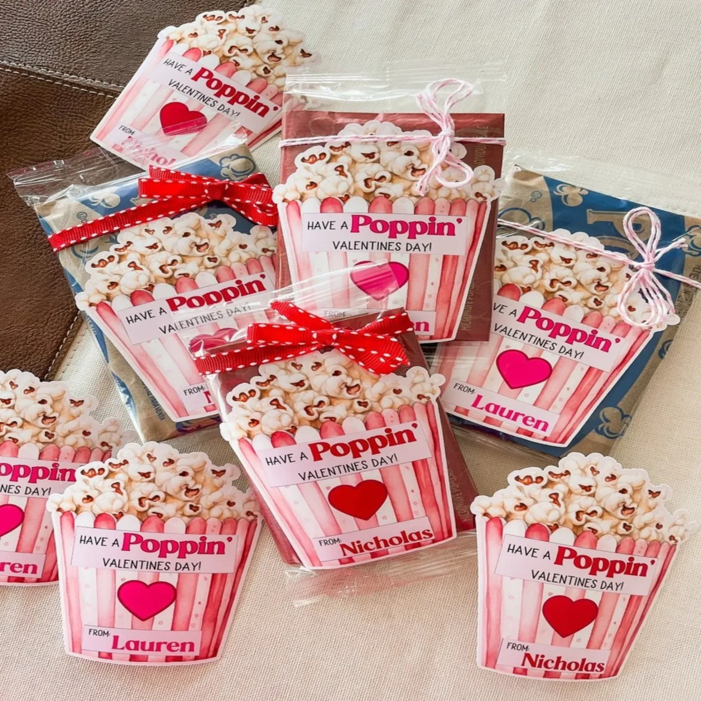 Custom Name Labels for Kids, Personalized Valentine’s Day Popcorn Stickers, Boys and Girls, Perfect Classroom Gifts