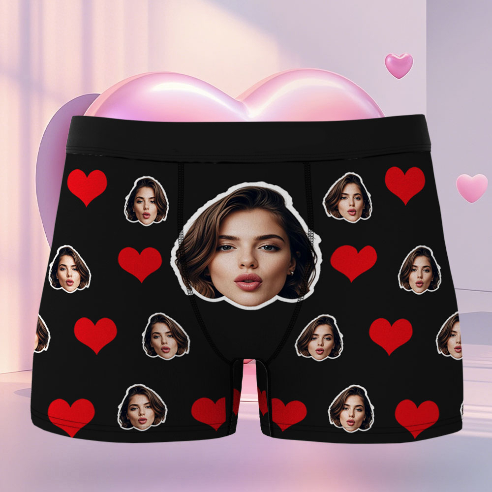 Custom Men's Face Boxer Red Heart Boxers Face Boxer Briefs Personalized White Face Boxer Briefs Valentine's Day Underwear Gift - Bestchristmasgifts
