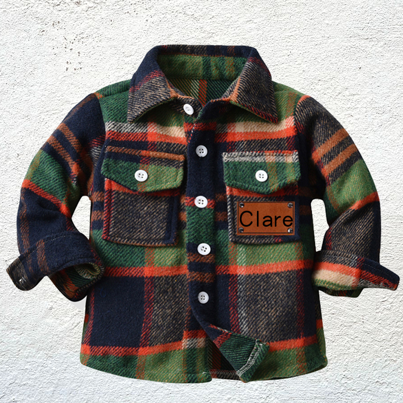 Custom Name Jacket Personalized Leather Patch Kids Flannel Jacket for Children
