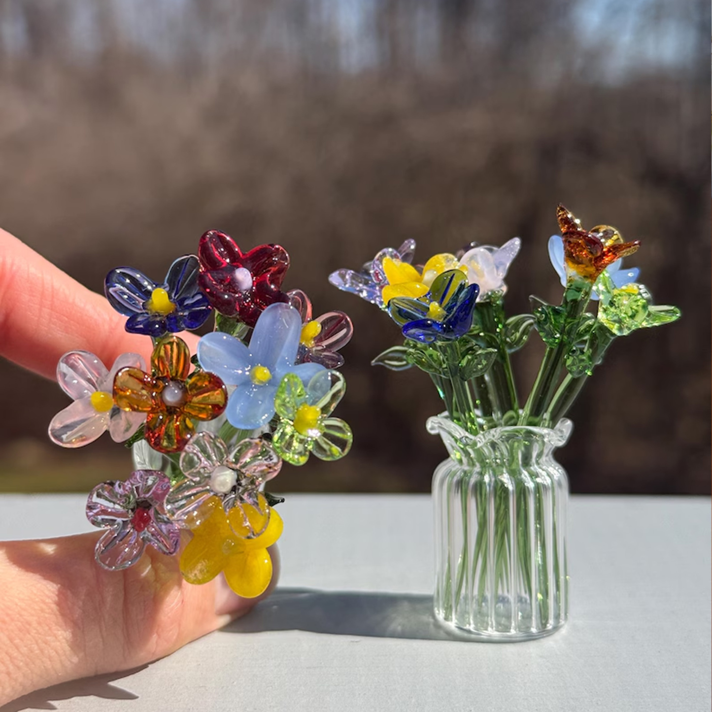 Glass Flower Bouquet - Mini Flower Figurine, Glass Artwork Table Centerpiece, Birth Flower Sculpture, Home Decor Gift for Mom & Friends