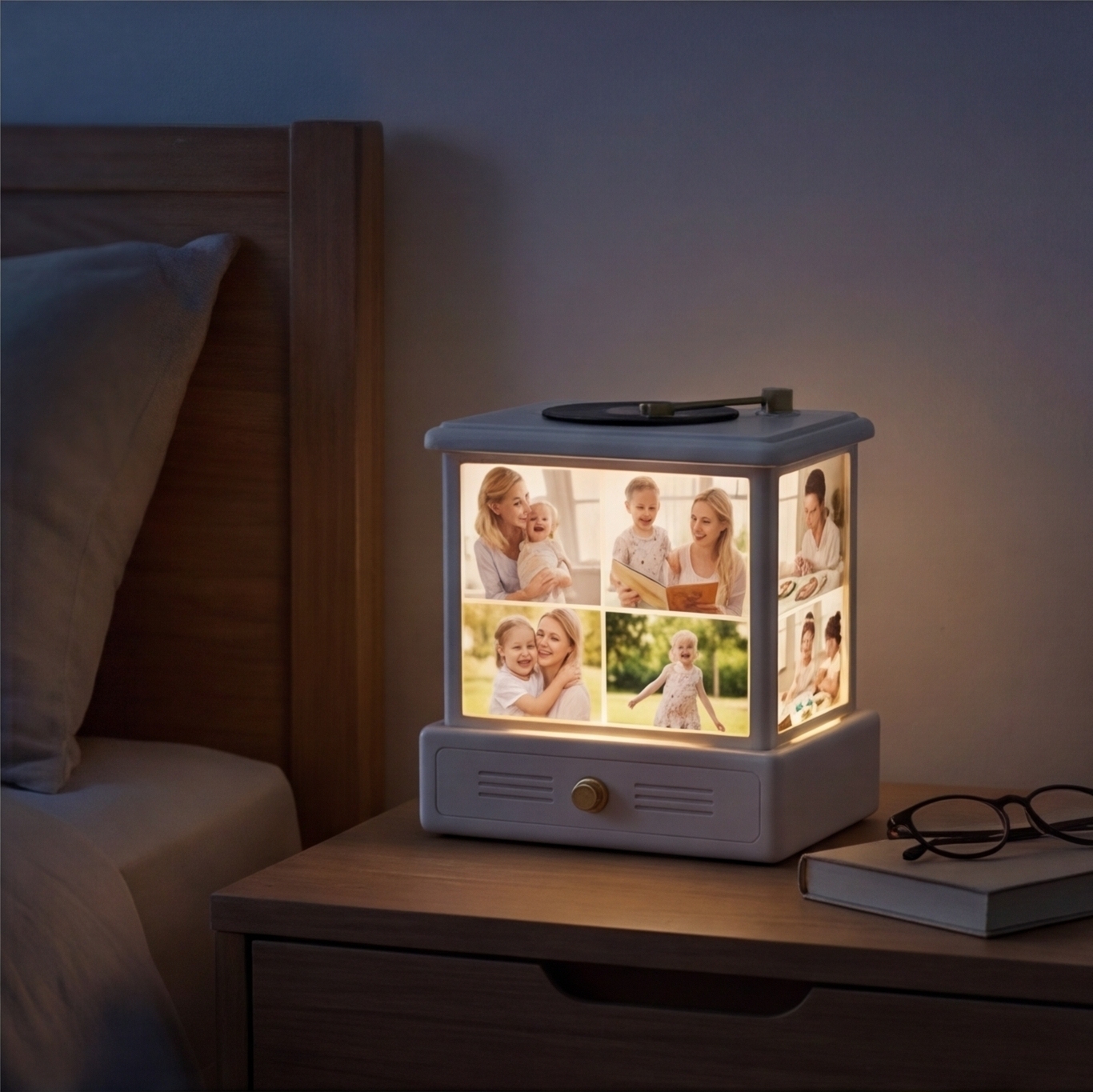 Custom Photo Night Light with Music Box, Personalized Mother's Day Gift for Mom, Vinyl Record Style LED Lamp with Multi Photo Collage