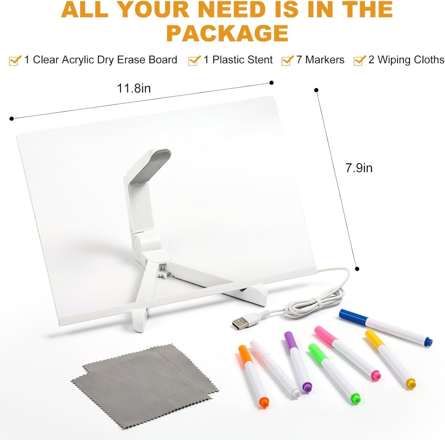 Illuminated Acrylic Dry Erase Board with Stand and 7 Pens