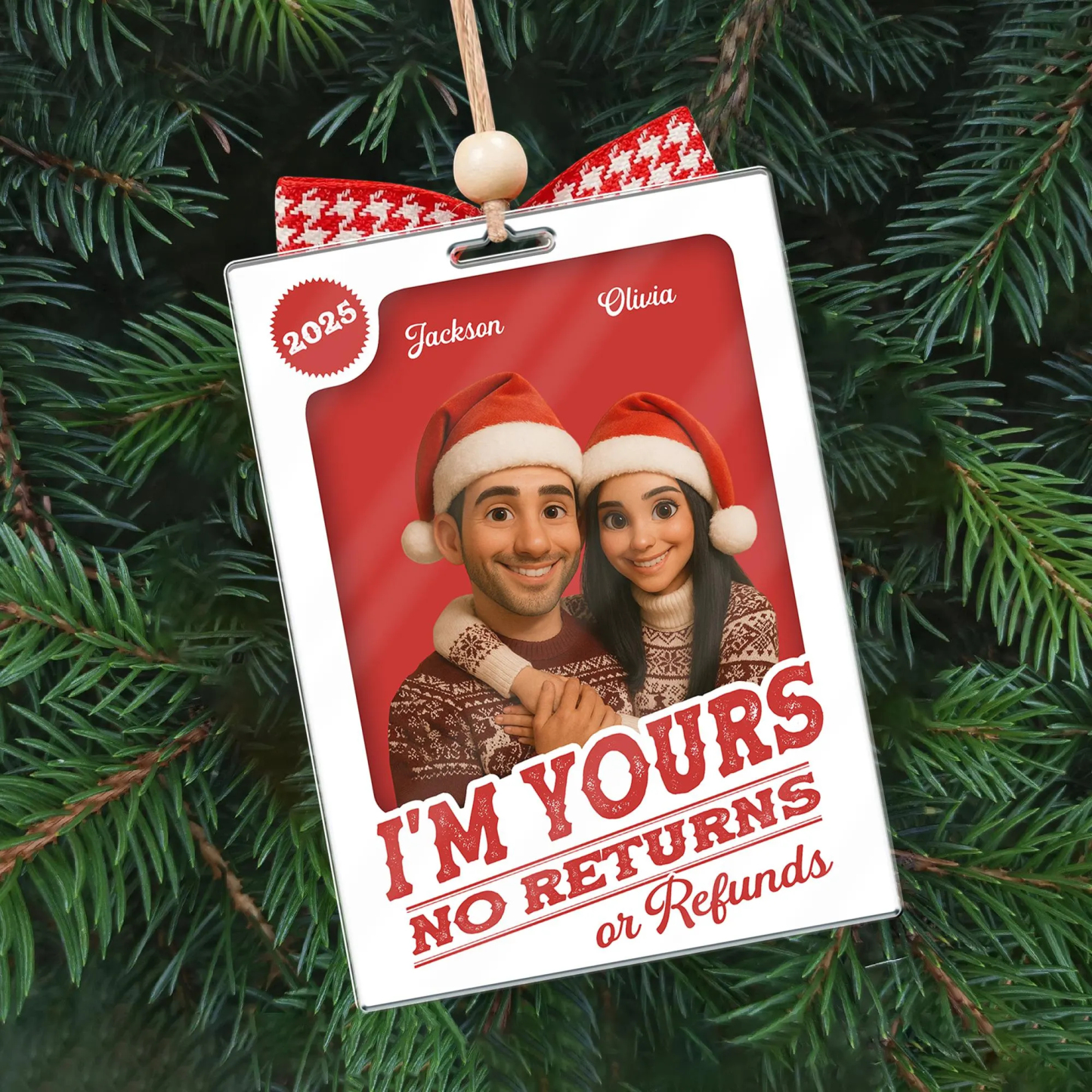 Custom Photo 2D Effect Figure Art Loving Couple, Personalized Couple Photo Acrylic Ornament, Couple 2D Block I'm Yours No Returns Ornament