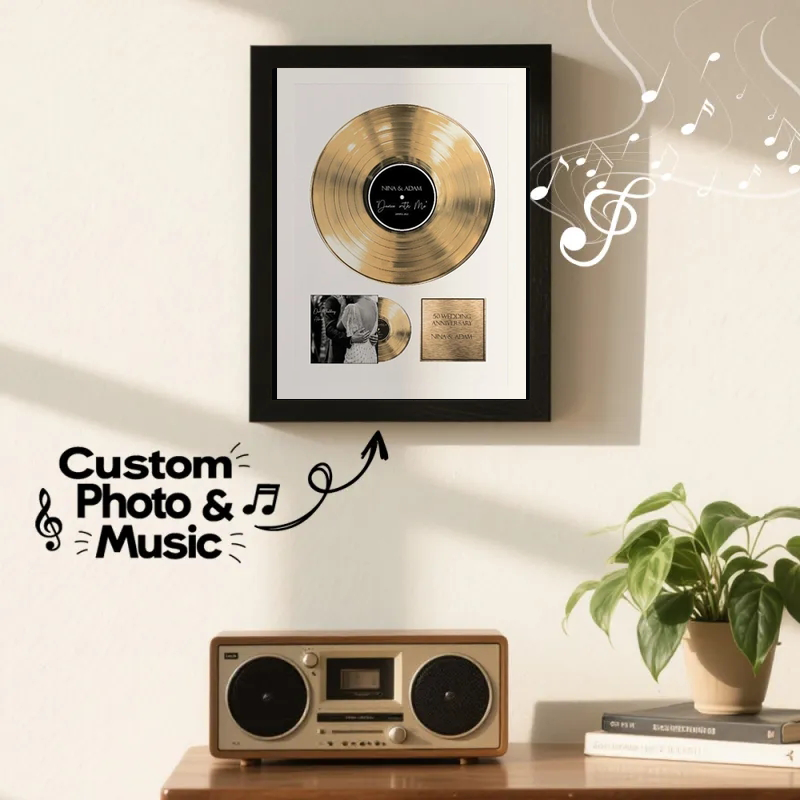 Personalized Golden Record Style Music Decor, Custom Music Photo Name, Custom Photo Music Plaque, Personalized Song Plaque, Click to Play No Phone Needed for Loved Ones