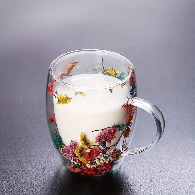 Dried Flower Double-Wall Glass Cup Petal Glass Cup Gift for Flower Lovers