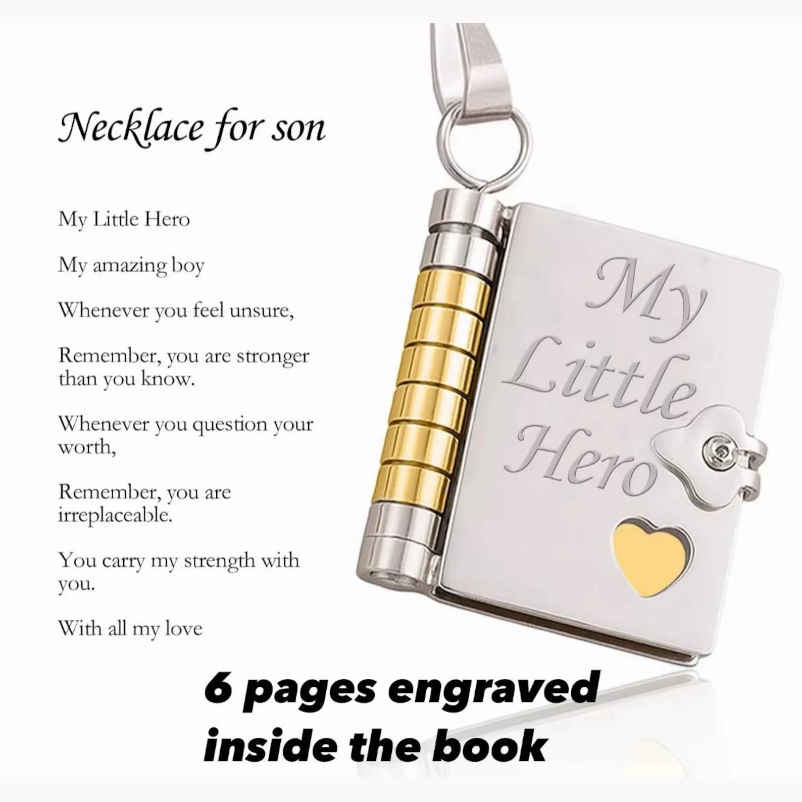 Personalized My Little Hero Book Necklace A Letter to My Son in a Locket Adjustable Pendant with Message Inside Meaningful Jewelry Gift for Him