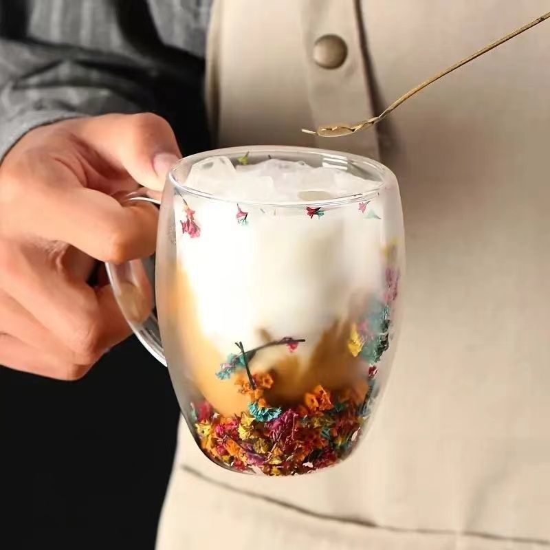 Dried Flower Double-Wall Glass Cup Petal Glass Cup Gift for Flower Lovers
